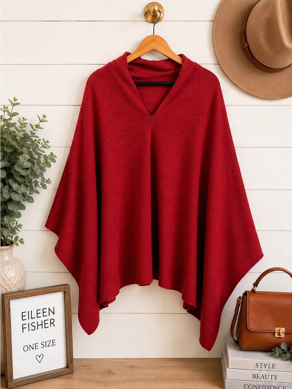 ❤️ Eileen Fisher Crimson Red Knit Poncho | One Size | Cozy Minimalist Wrap